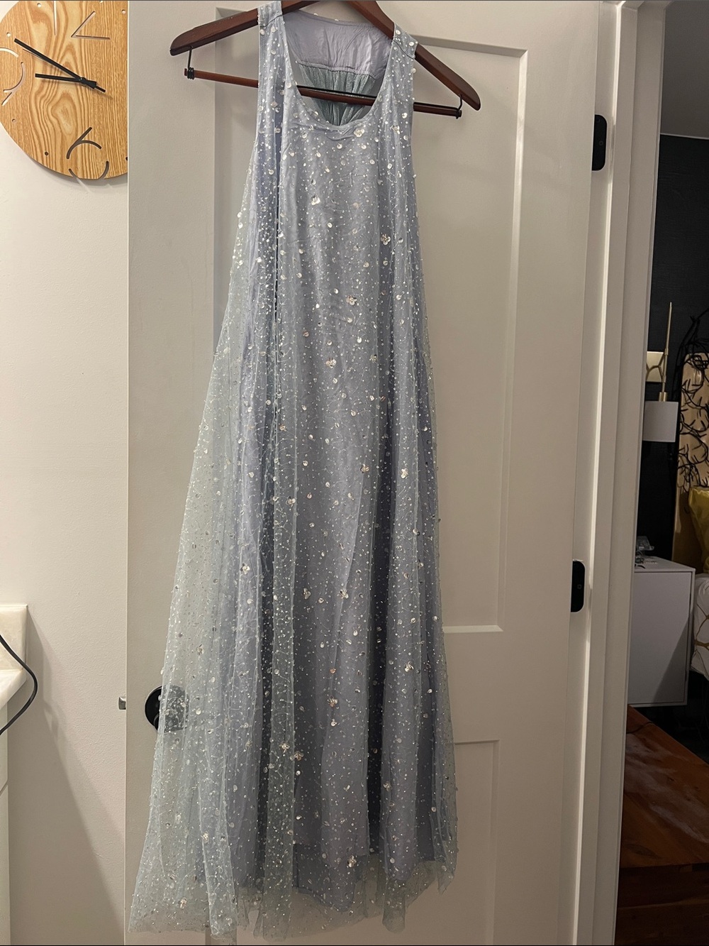 Just Me Light Blue Sequin Tulle Maxi Dress
